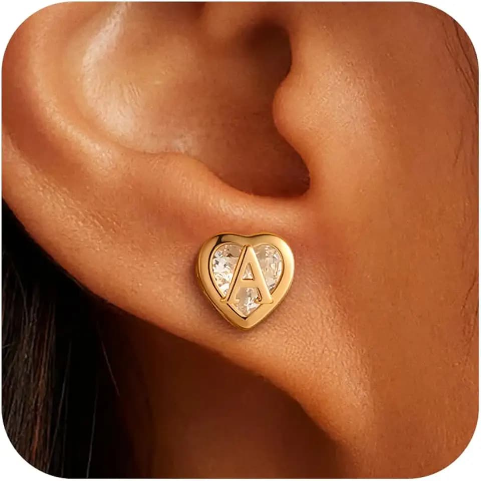 Heart Initial Earrings for Women, Never Fade Heart Initial A-Z Stud Earring 18K Gold Plated CZ Earrings Stacks Hypoallergenic Earring Piercing Gift for Women Trendy Jewelry Gifts