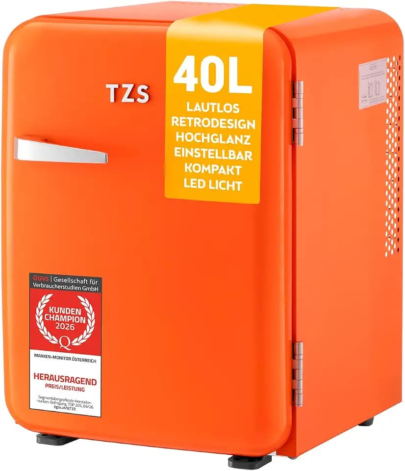 TZS First Austria - Retro Mini Kühlschrank 40L - Lautlos - Vintage Minibar für Schlafzimmer & Büro - orange
