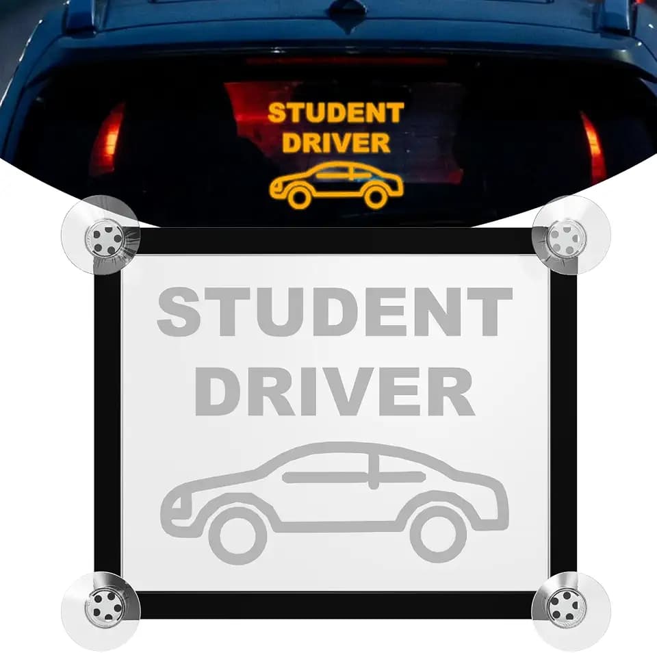 Student Driver LED Car Sign, New Driver Warning Sign, Amber Light Car Interior Accessories Suction Cup Mounted Gift for New Rookie Learner Drivers