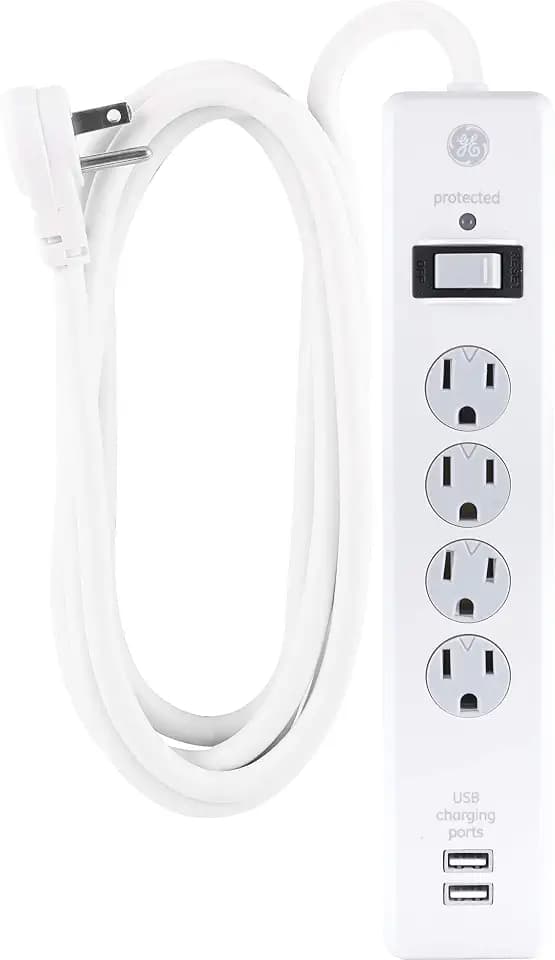 GE Surge Protector, 4 Outlets 2 USB Ports, Extra Long 8ft. Power Cord