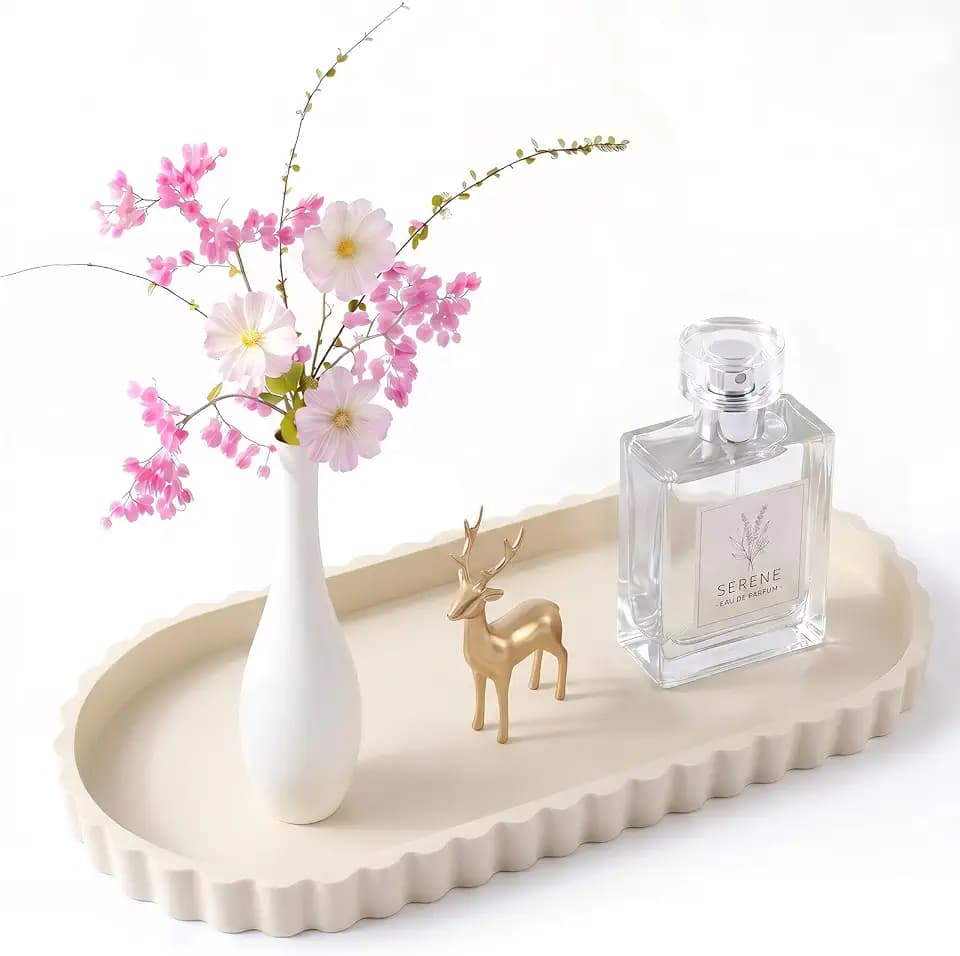 Badezimmer Tablett - 30,5 x 13,5 cm, Ovale Silikon Deko Tablett für Badezimmer Waschtisch mit Gewelltem Rand, Elegante Dekotablett Bad Deko Organizer für Kerzen und Wohnaccessoires