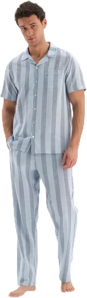 Dagi Herren Light Blue Fashion Woven Regular Poplin Short Sleeve Collar Shirt Pyjama Top