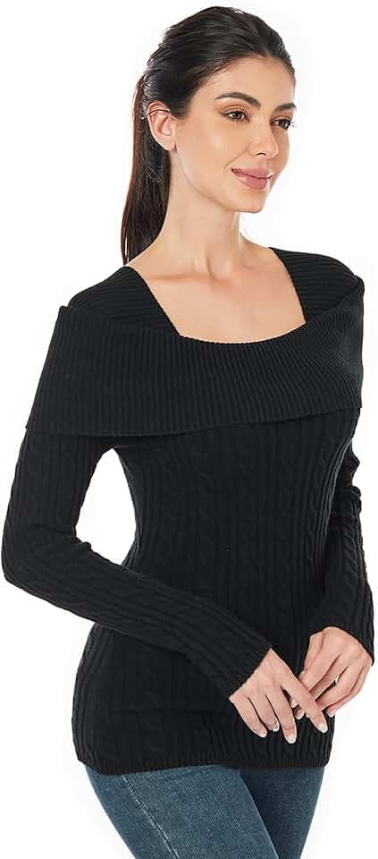 AmélieBoutik Women Off Shoulder Sweater Long Sleeve Cable Knit Fitted Pullover Sweater Tops