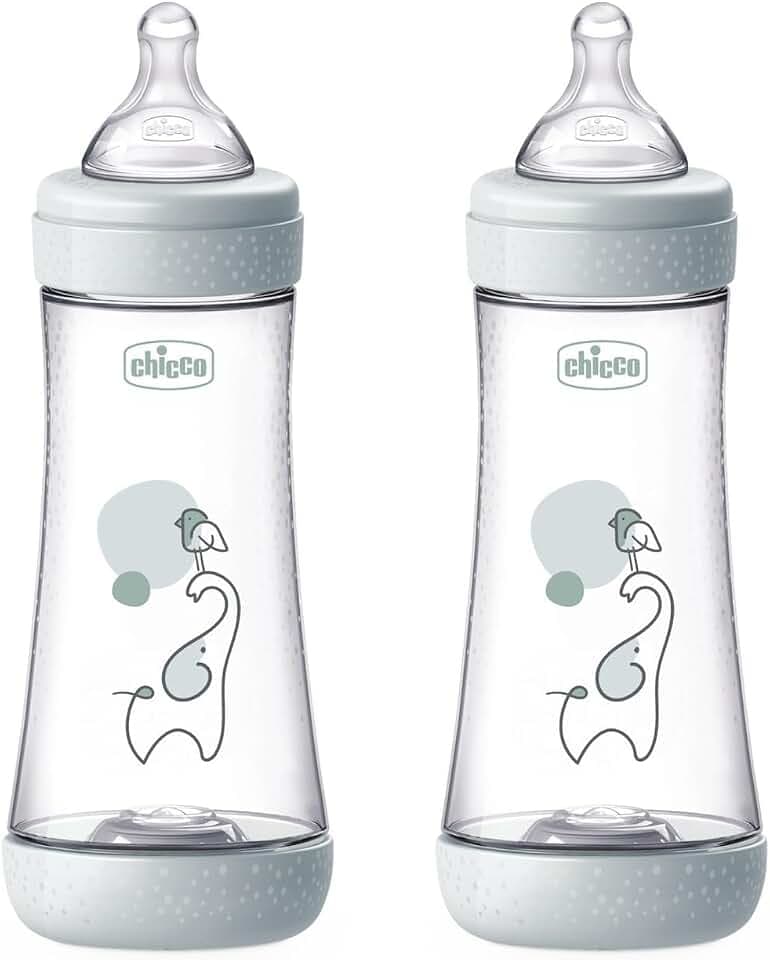 Chicco 2 Anti-Kolik-Flaschen PERFECT 5 à 300 ml, Doppelflasche mit mittlerem Durchfluss für 4 Monate + mit weichem Silikonsauger, Flasche ähnlich der Mutterbrust, Flasche für gemischte Ernährung
