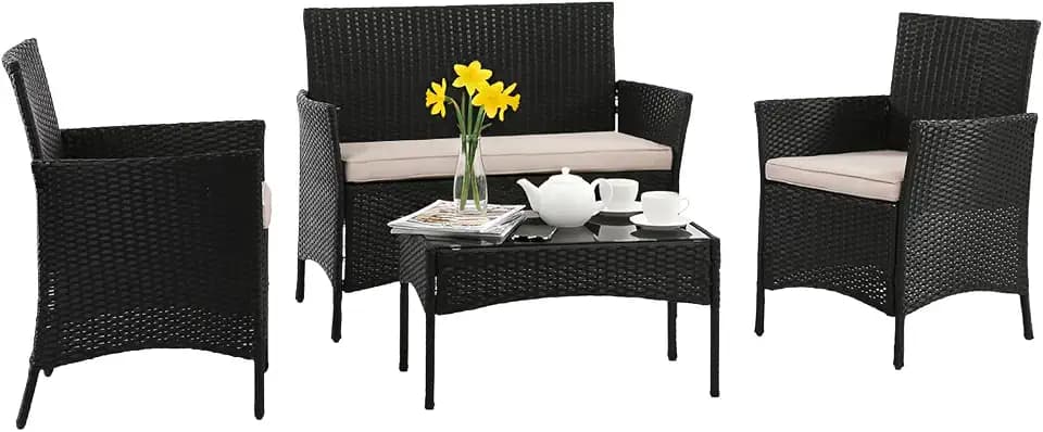 FDW 4-Piece Patio Furniture Set | Black & Beige | Outdoor Wicker Furniture