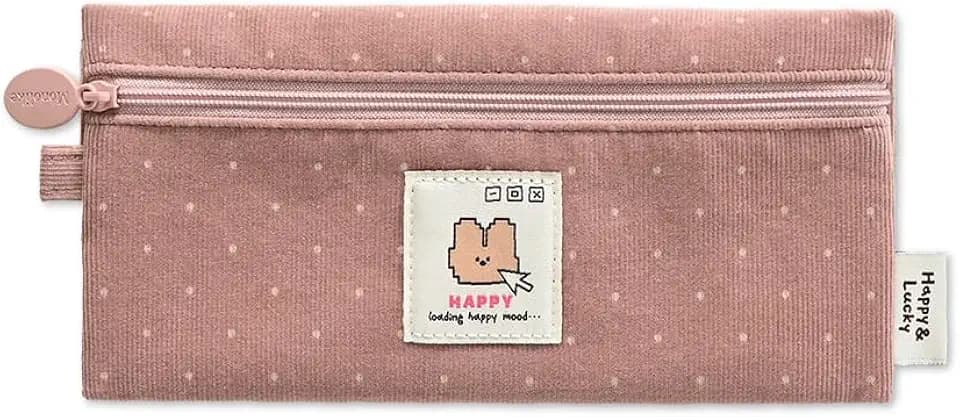 Monolike Happy and Lucky Candy Dot Pencil Case, Pink - Slim Corduroy Style Cotton Pen Pouch, Cute Aesthetic Pastel Stationery Organizer for Office