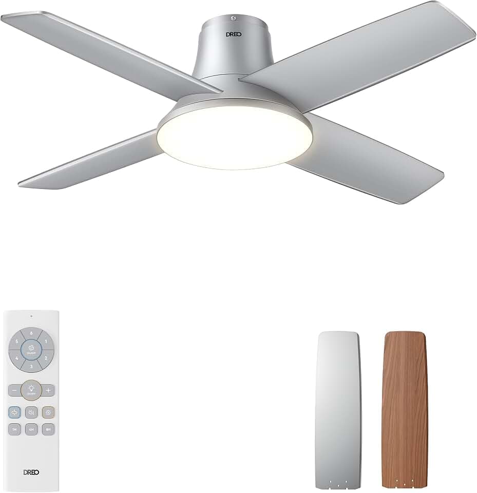 DREO Ceiling Fan, 44 Inch Low Profile Ceiling Fan with Light and Remote, 5CCT LED, 6-Level Dimmable, 6-Speed, Reversible Motor, 22 dB, Timer, Easy-Install, Black Flush Mount for Bedroom