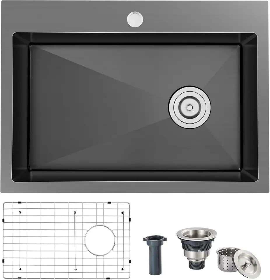 Kitchen Sink, 22 x 18 Drop in Sink, 9" Deep Single Bowl Kitchen Sinks, 304 Stainless Steel Topmount Kitchen Sink with Strainer & Bottom Grid, Black, OG2218RUB