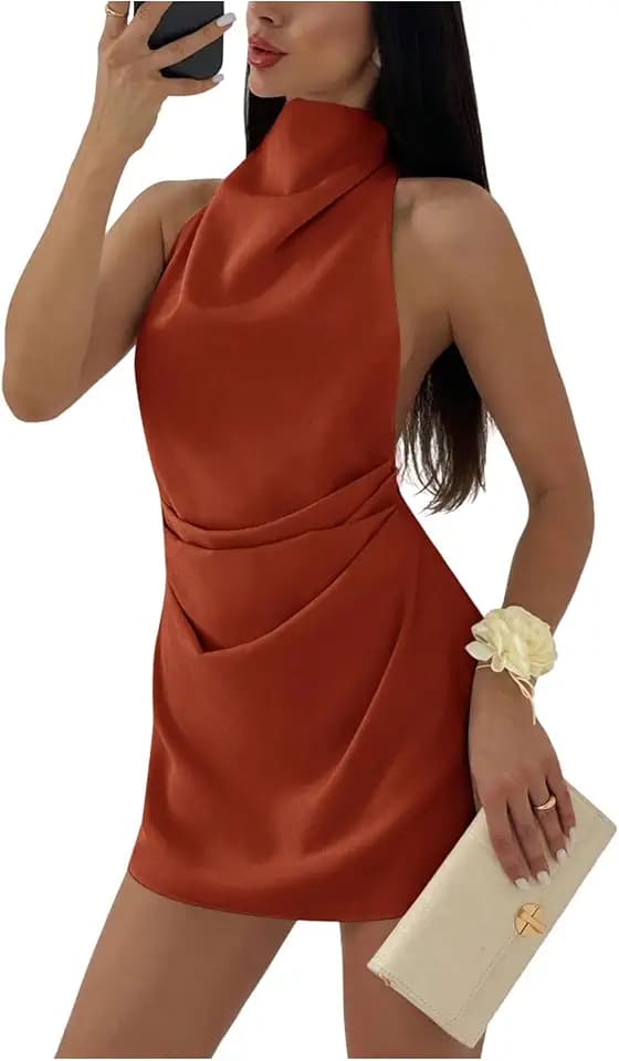 SOLY HUX Women's Satin Ruched Halter Tie Backless Bodycon Mini Dress