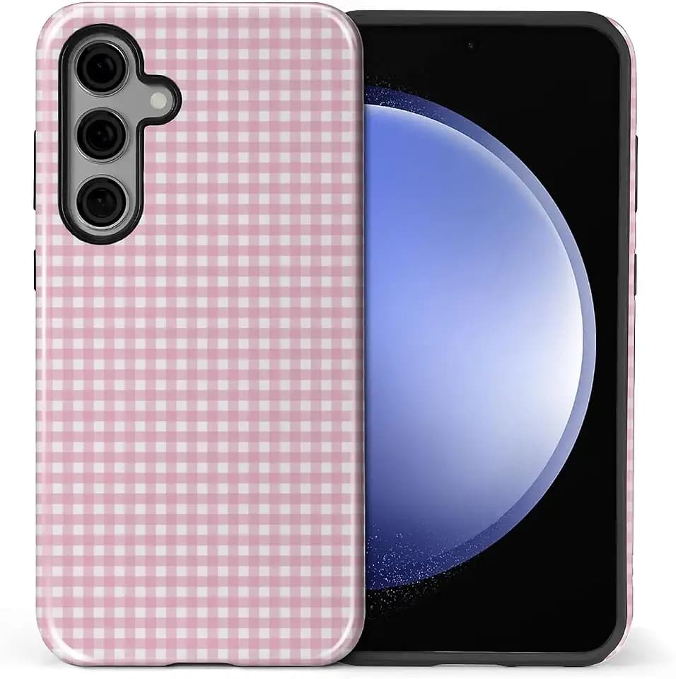 Case Compatible with Samsung Galaxy S24 FE,Durable Shock Protection Cover for Girl Women Boy Men,Hybrid 2-Layer Hard Shell Phone Case for Galaxy S24 FE,Pink Vintage Plaid Aesthetic