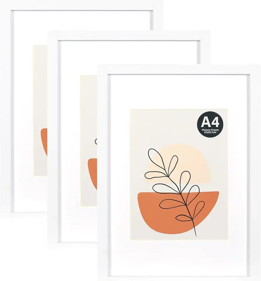 KAIWIN Bilderrahmen A4 Weiß 3er Set, 21x29.7cm mit Passepartout 15x20cm, Bilderrahmen Din A4 Holz mit Acrylglas zum aufhängen und aufstellen, Für Fotos, Poster, Puzzles| Posterrahmen