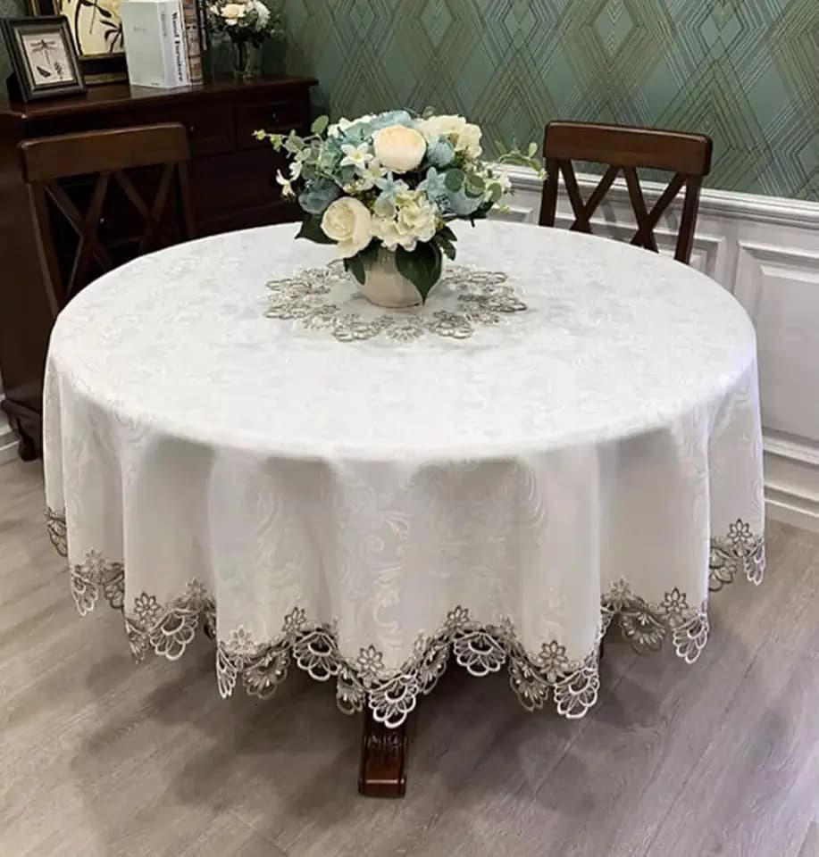 AMZALI Round Table Cloth Floral Embroidered Lace Tablecloth Wrinkle Free & Stain Resistant Fabric Tablecloths Table Cover for Kitchen Dinner (Round 60 inch)