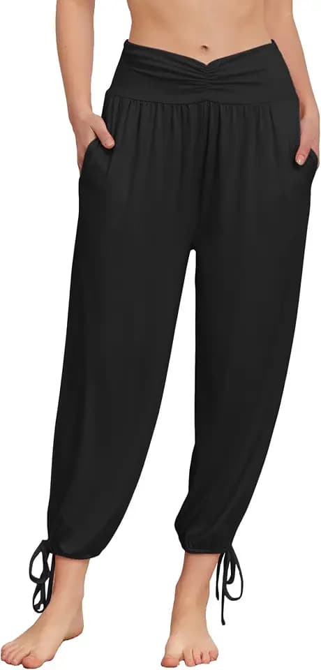 Famulily Damen Baggy-Boho-Hose, Sommer, lässig, locker, hohe Taille, bequem, Lounge, Haremshose mit Taschen, S-XXL
