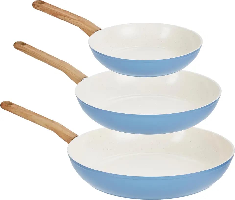 GoodCook Healthy Ceramic Titanium-Infused 3-Piece Fry Pan Set, Light Blue – Induction Cookware, Nonstick Cooking Pan, Frying Pan Skillet for Eggs, Meats, Vegetables, Sauces, Warming Tortillas