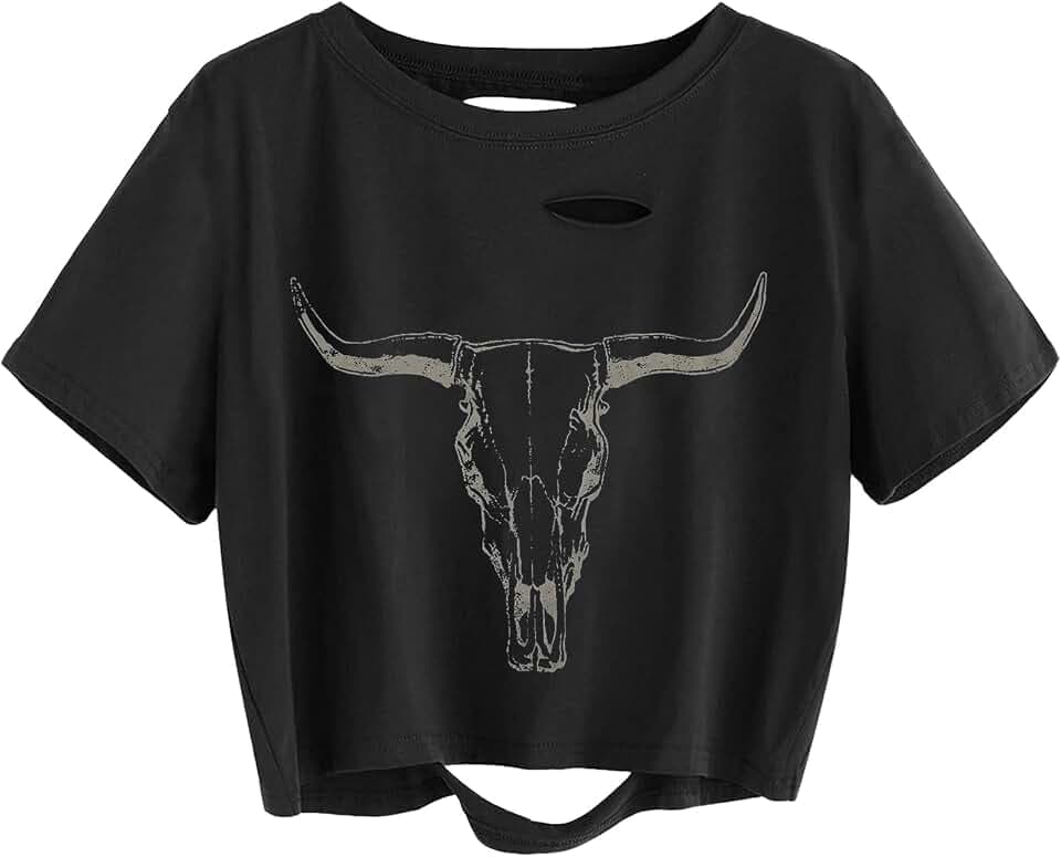 TIXOM Women Country Music Graphic Distressed Tee Shirt Sexy Ripped Short Sleeve Crop Tops