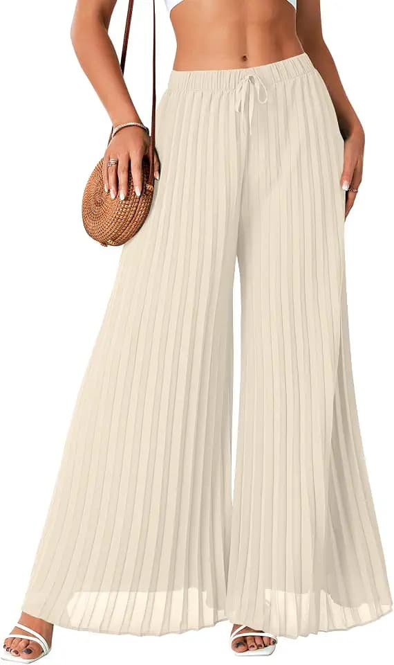 OPOIPIN Women's Chiffon Wide Leg Pleated Pants High Waist Flowy Loose Casual Long Trousers