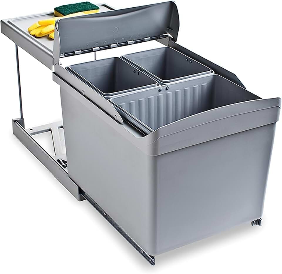 Emuca - Recyclingbehälter für Küche, 1 x 16L + 2 x 7,5L, Unterseitigbefeistigung und automatische Extraktion, Grauer Kunststoff