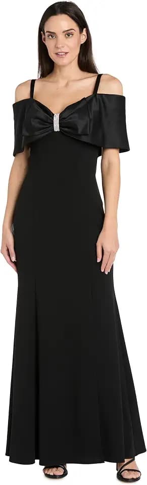 R&M Richards Women's Long Off The Shoulder Mermaid Gown - Stretch Scuba Evening Dress W/Satin Bow Bodice & Rhinestone Detail
