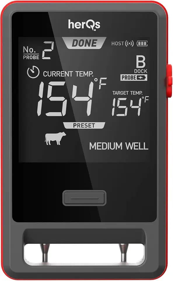 HerQs Pin Pro Grillthermometer Fleisch - 2 Probes - mit Display, bis 500 Grad, Höchstens 1% Abweichung mit eigener Herqs App, Wiederaufladbar, Bratenthermometer