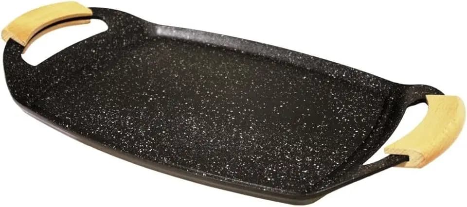 Baumalu - Grillplatte aus Aluminiumguss Abmessungen 485 x 285 x 37 cm - Steinoptik - Holzgriffe - für alle Herdarten & Induktion geeignet - ideal für Grill und Küche