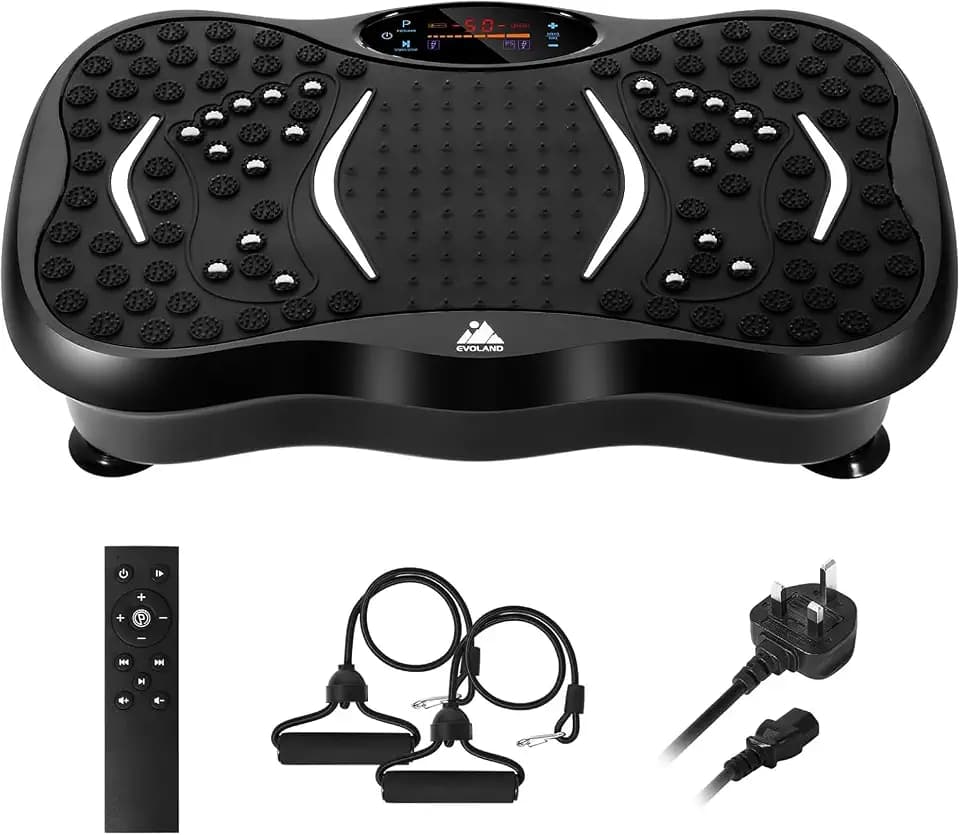 EVOLAND Vibrationsplatten, Vibrations-Fitnessgerät für den Heimgebrauch, mit Bluetooth-Lautsprecher, 5 Programmmodi, 2 Widerstandsbänder, Vibrations-Fitnesstrainer, 150 kg maximale Belastung (B)