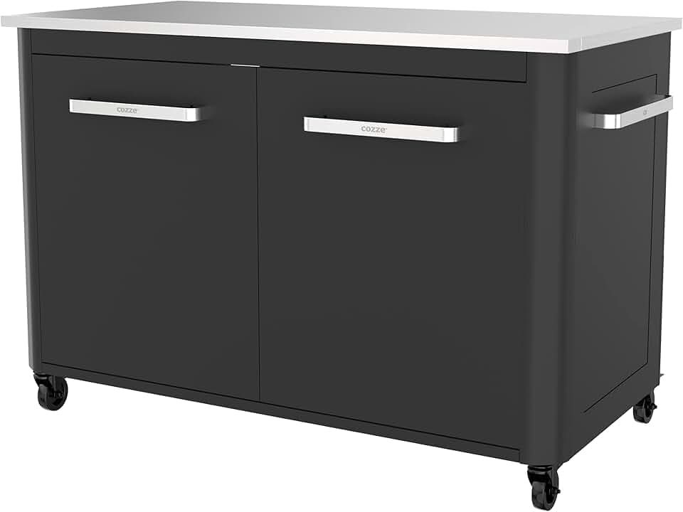 cozze®-Außentisch mit Edelstahltisch, 2 Türen und 4 Rädern Edelstahl/schwarz/grau