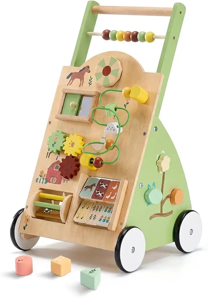 DUMOS Wooden Baby Push Walker, Montessori Toy, Adjustable Speed, 1+, Green
