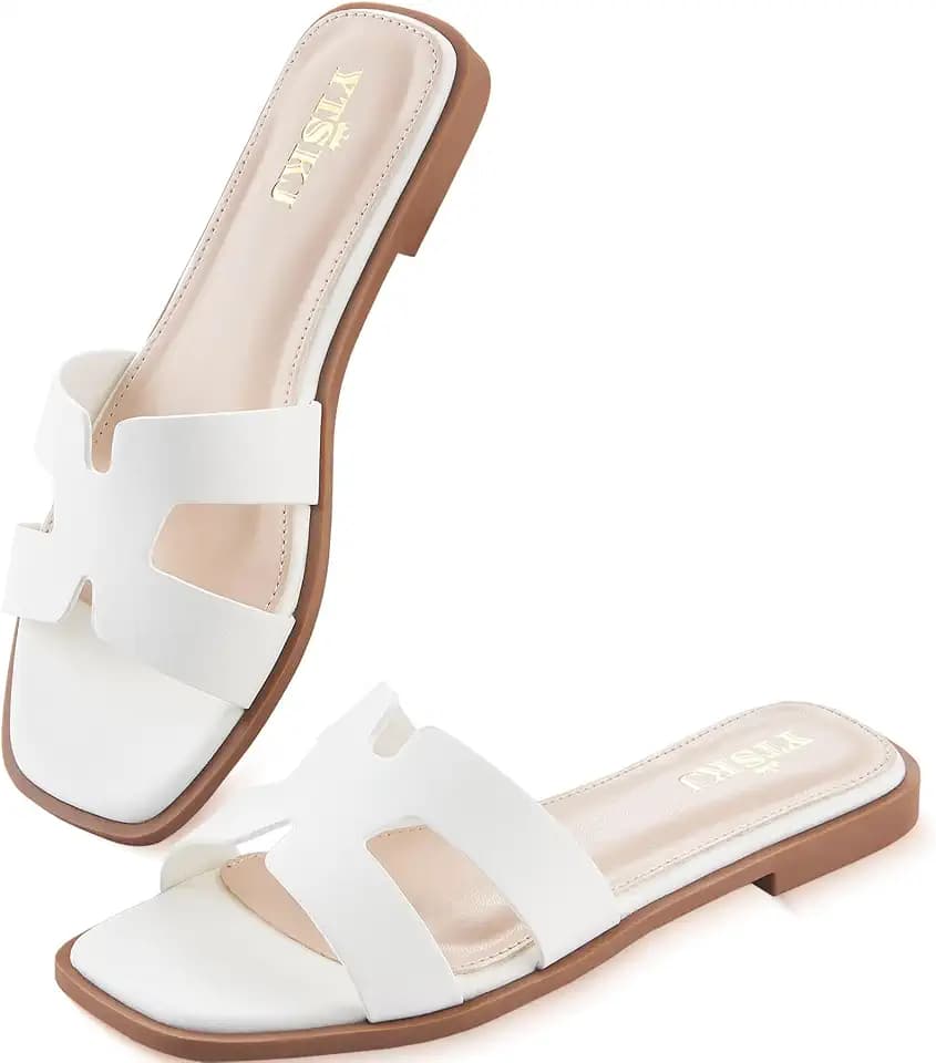 Sandals for Women Dressy Comfortable Flat Open Toe Casual Cute Trendy Shoes Soft Faux Leather Slip On Ladies Slides for Summer