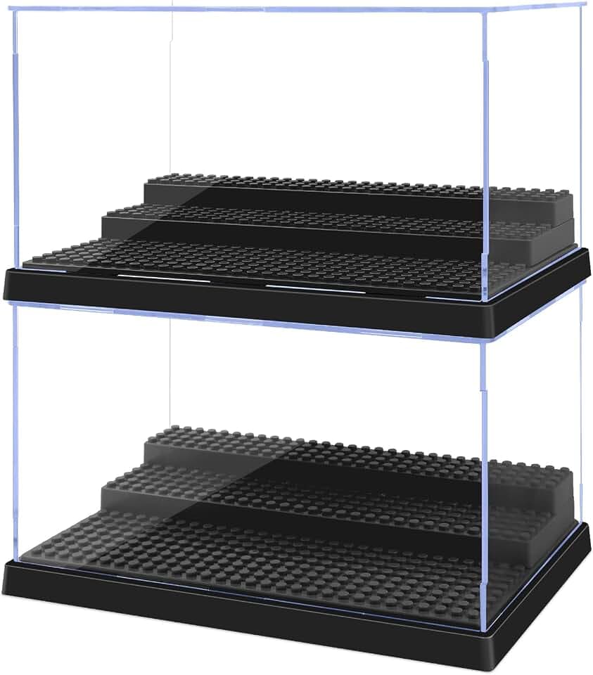Pokiiulk Display Cases for Minifigures, 2 Mini-Figure Display Boxes Fits for Block Figures, Minifigures Cases with 3 Removable Stands Fits for 95% Minifigs, Characters, L, Black