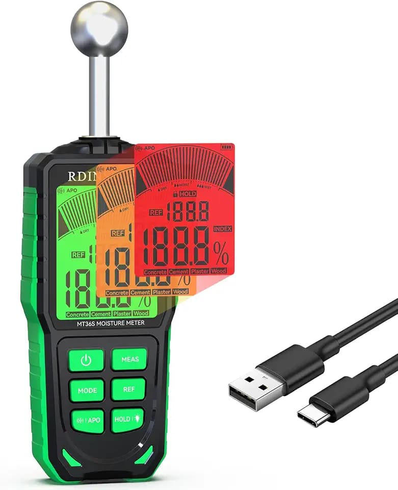 RDINSCOS Feuchtigkeitsmessgerät Wand Wiederaufladbarer Feuchtigkeitsmesser für wände Wandfeuchtemessgerät Mauerwerk mit 3-Farben-LCD,5 Modi Baufeuchtemessgerät 5-40mm Analysetiefe