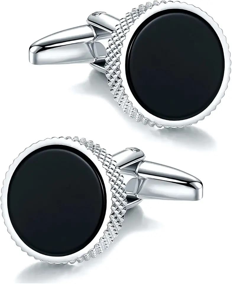 Mr.Van Manschettenknöpfe Herren Runde Form Schwarz Onyx Silber Basis Manschettenknopf für Männer Klassisch für Business, Hochzeit, Party, eleganter Stil