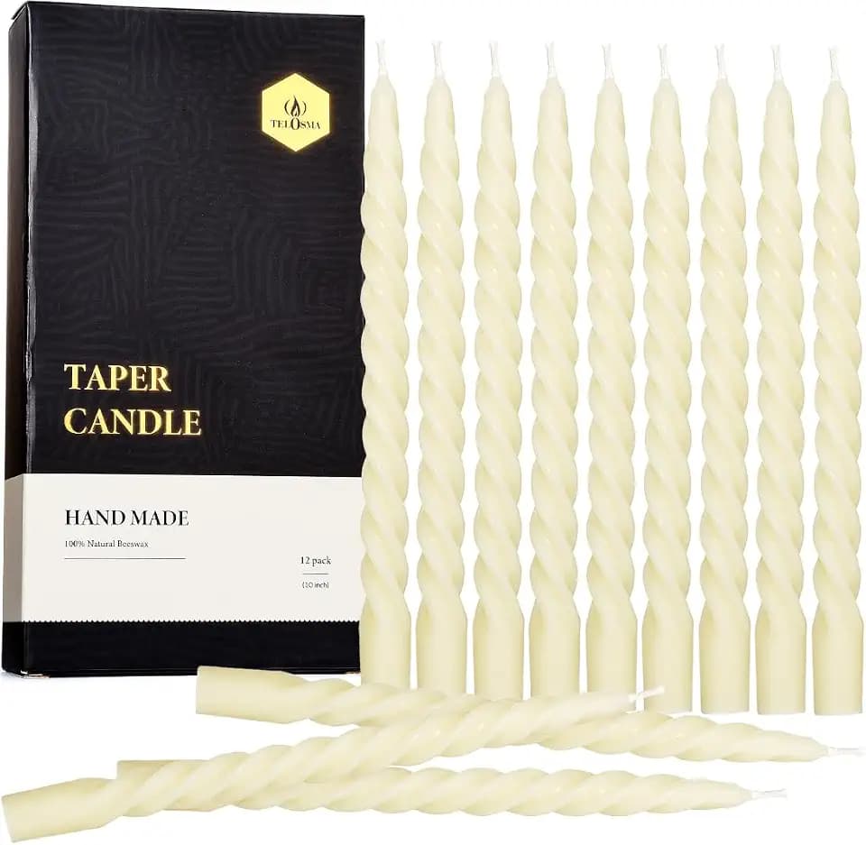 12 PCS Natural Beeswax Spiral Taper Candles Bulk, 10 Inch Tall - Off White
