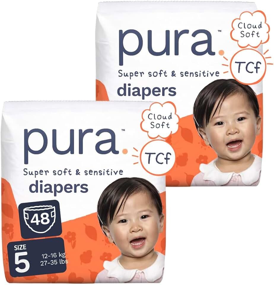 Pura Baby Diapers Size 5 (27-35 lbs) 48 Count Sensitive Skin