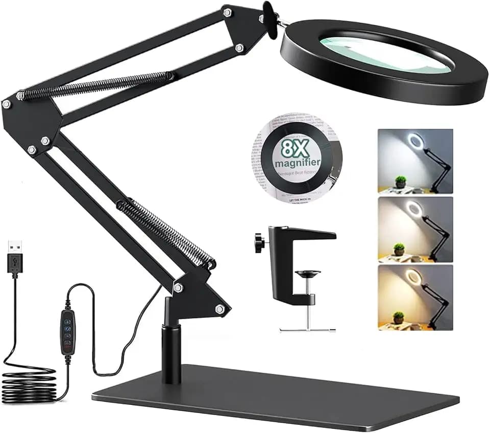 Lupenleuchte mit Tischfuß & Klemme, 8-fache Vergrößerung, 3 Farbmodi, 10 instellbare Helligkeiten,2-in-1 LED Lupe mit Licht und Ständer, einstellbare Schwenkarm-Lampe für Arbeit,Lesen,Hobbys