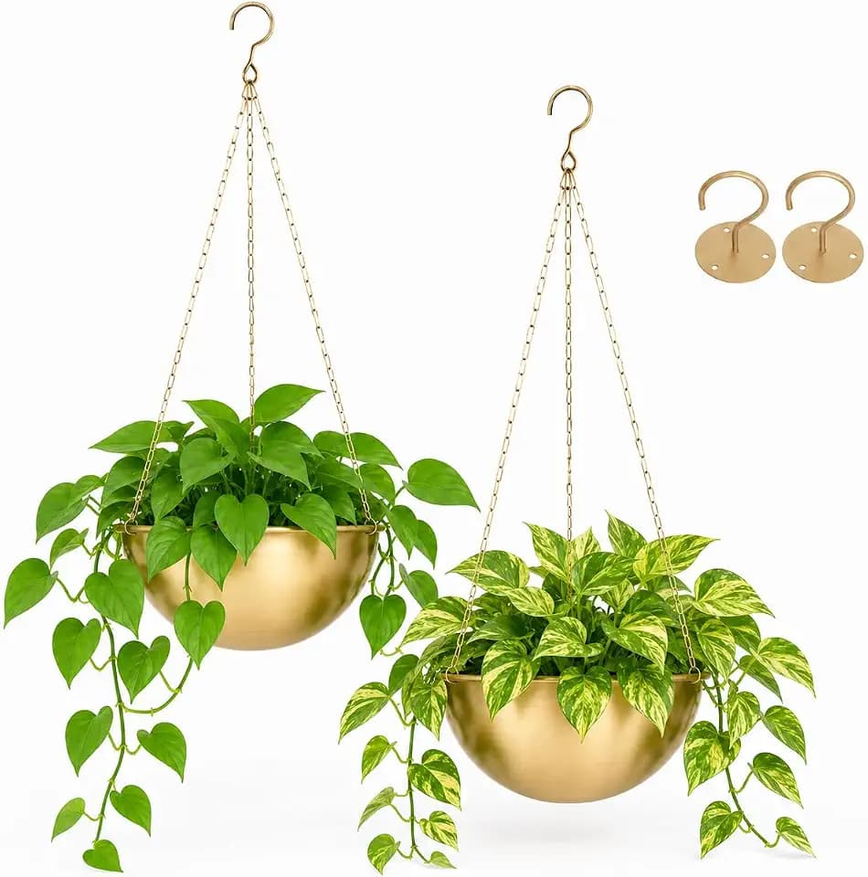 AceList Gold Hanging Planter for Indoor Plants, Set of 2-9.8 Inch Boho Metal Plant Hanger with Hooks & Chain, Brass Finish Hanging Plant Holder for Window, Ceiling & Living Room Decor