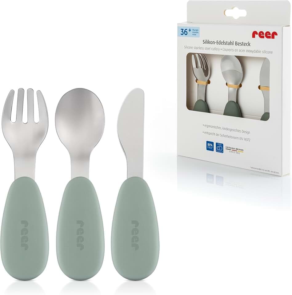 reer Silikon-Edelstahl Besteck | 3-teilig | für Babys & Kinder | ergonomisches und kindgerechtes Design | lebensmittelechtes Silikon, Edelstahl-Spitzen |spülmaschinenfest | grün/silber