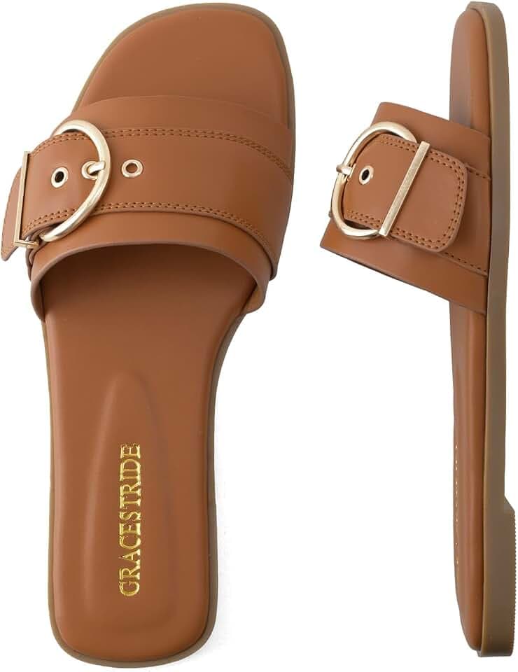 Flat Sandals for Women Fashion Square Open Toe Slip On Slides Sandals Summer