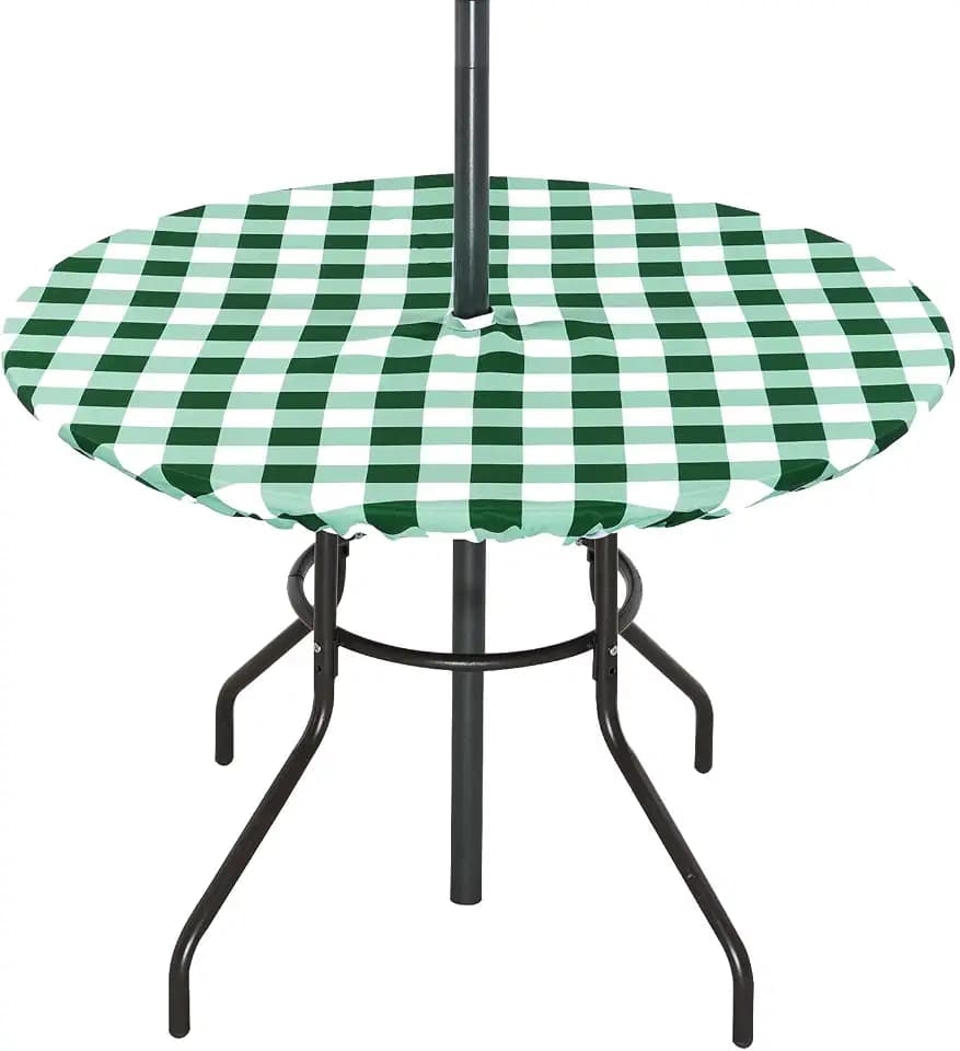 Poise3EHome Fitted Round Green Checkered Outdoor Tablecloth, Polyester SpillProof Plaid Table Cloth with Umbrella Hole Zipper Elastic for Patio Garden Poolside Picnic Fits to 32"-38" Patio Table