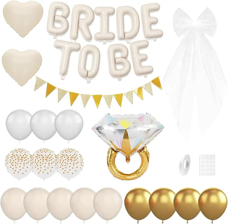 Bride to be Deko Ballon, Cremeweiß Buchstaben mit Banner, Herzform Diamantring Folienballons, Weißer Schleier mit Perlen JGA Deko Frauen Ballons für Bachelorette Party Deko, Hochzeit