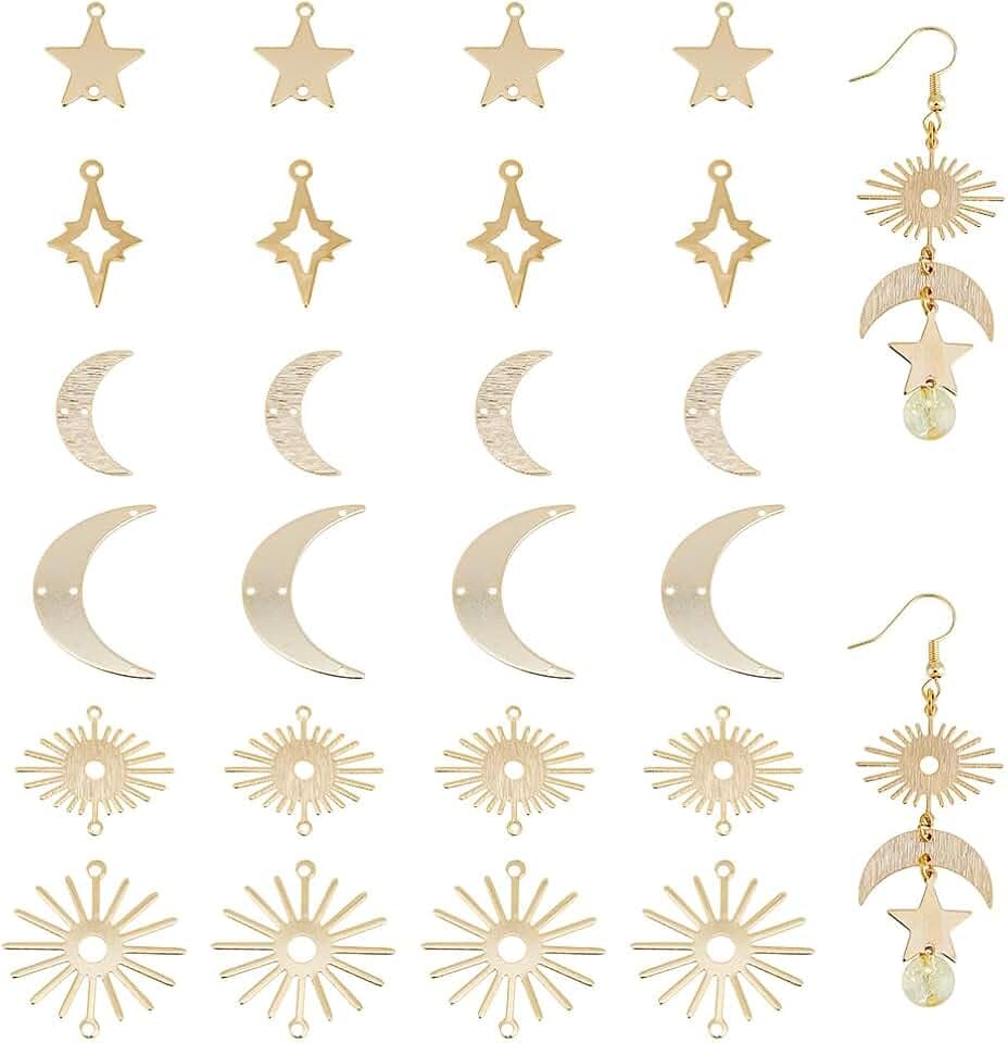 24 Stück 6 Stile 24K Vergoldete Verbindungs Charms Mond Verbindungs Charms Halbmond Sonnen Stern Verbindungsstücke Anhänger Baumeln Charms Messing Verbindungs Verbindungsstücke