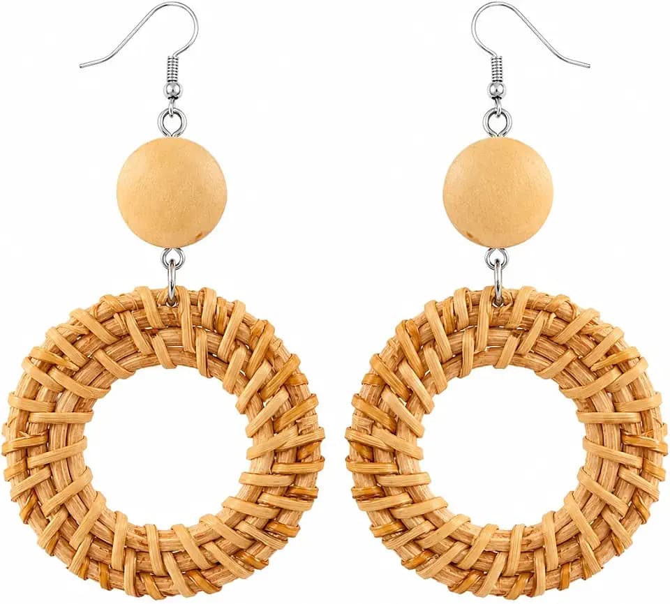 Handmade Rattan Teardrop Dangle Earrings for Women, Lightweight Boho Woven Statement Earrings with Gold Fish Hook, Natural Straw Weave Vacation Jewelry for Summer Beach
