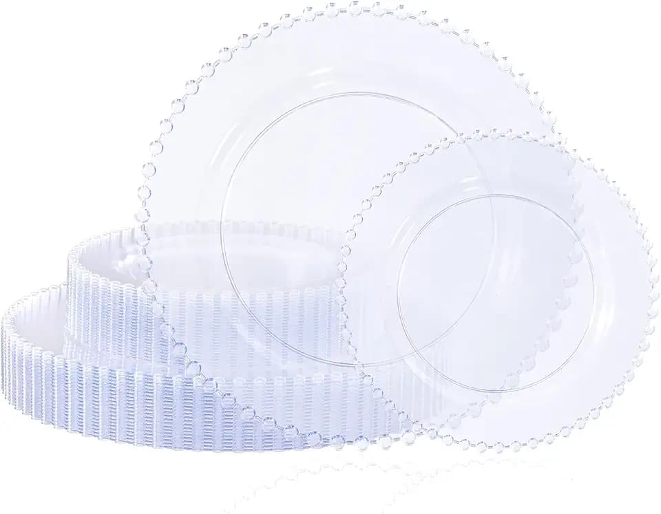 U-QE 60PCS Clear Plastic Plates - Fancy Beaded Plates Disposable Heavy Duty