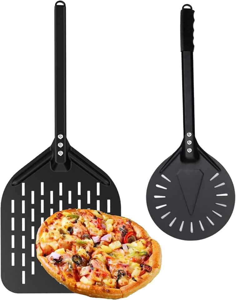 Perforierter Pizzaschieber Perforiert set, Pizzaschaufel eloxiertem Aluminium Komfortabler Abnehmbaren Griffe, mit Pizzawender 7in Pizza Schieber 12in für Wenden und Transportieren von Pizza