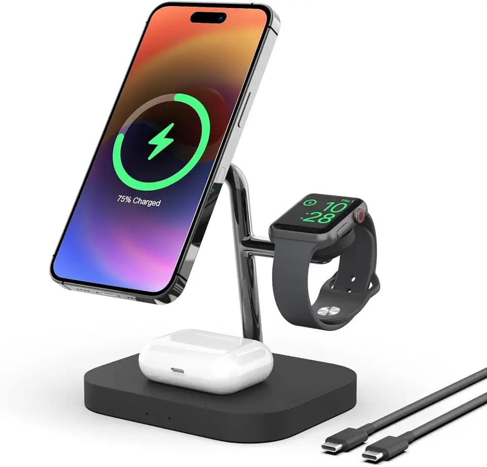Wireless Charger, Boaraino Magnetische 3 in 1 Kabellose Ladestation Kompatibel mit iPhone 17/16/15/14/13/12, Apple Watch 11/10/9/8/7/6/SE/5/4/3, AirPods 2/3/4/Pro