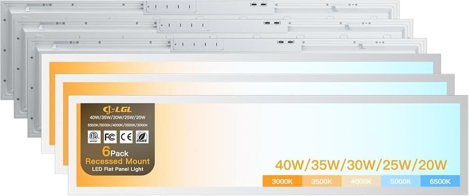1x4 LED Flat Panel Light,Selectable 5CCT,0-10V Dimmable,5200LM,6Pack