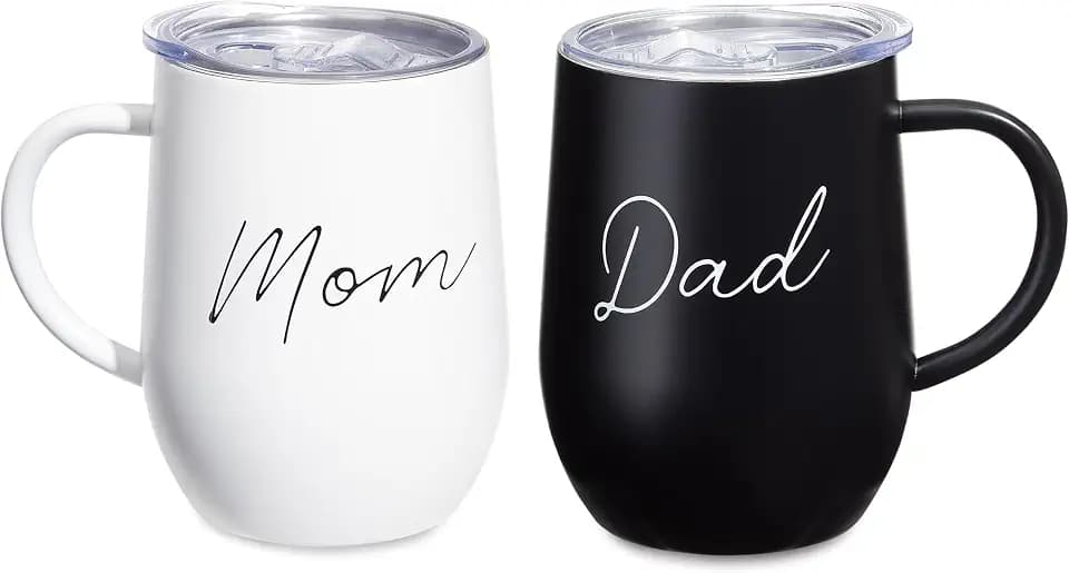 Sheffield Home Stainless Steel Insulated Coffee Mug with Travel Lid | 12 oz | Black & White | Pregnancy Gift | Gift Set for New Parents | Est 2025 | Engraved Mom and Dad | For Expecting Parents