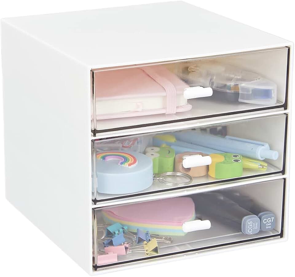 Schreibtisch-Organizer mit 3 Schubladen, transparente Kunststoff-Schreibtisch-Aufbewahrungsbox, Schreibtisch-Organisation für Bürobedarf, Gelstifte, Bleistifte, Marker, Klebeband, Radiergummis