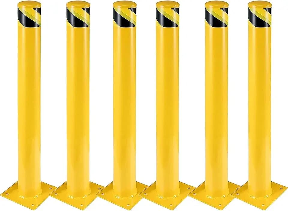 6Pcs Yellow Safety Bollards 36-Inch Steel Traffic Control Posts, 4.5-Inch Diameter with 24 Anchor Bolts, for Driveway Barriers and Parking Solutions