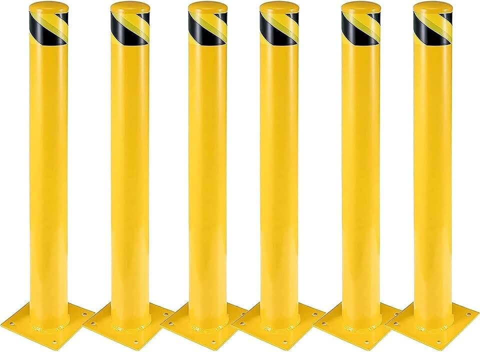 6-Pack 42 Inch Steel Safety Bollards, 4.5 Inch Diameter Parking Bollard Post with 24 Anchor Bolts, Yellow Safety Steel Bollard Post for Driveway Barrier, Traffic Control & Storefront Protection