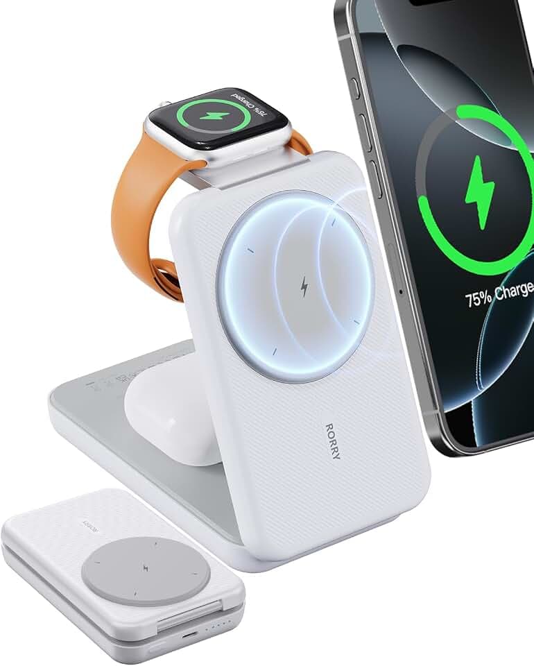 RORRY Portable Charger, 3-in-1 Charging Station 10000mAh Portable Charger Power Bank for MagSafe Foldable Battery Pack Travel for iPhone 17/16/15/14/13/12, for Apple Watch 11/10/9/8/7/Ultra/3/2, White